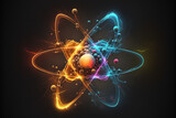 Fototapeta  - Abstract conceptual illustration of atom with electrons and protons spinning around. AI