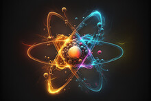 Abstract Conceptual Illustration Of Atom With Electrons And Protons Spinning Around. AI