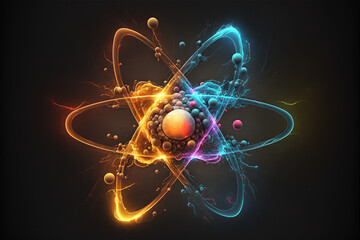 abstract conceptual illustration of atom with electrons and protons spinning around. ai