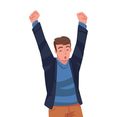 Canvas Print - Lucky Man Celebrating Success and Victory Raising Hands in Excitement Vector Illustration