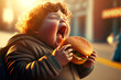 Very fat American kid taking a bite of a hamburger outdoors - Generative AI