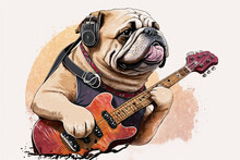 English Bulldog Rock And Roll Guitarist Watercolor Illustration.AI Generated.