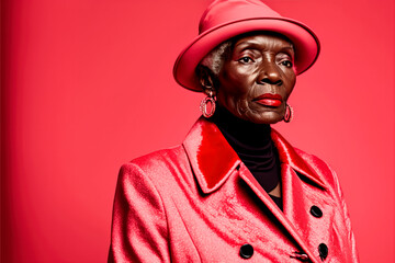 An older black woman in a pink coat and pink hat looking away - Generative AI