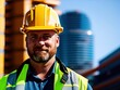 © Virtual Actors - Man wearing hard hat on a construction site. Made with Generative AI.