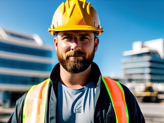 Wall Mural - Man wearing hard hat on a construction site. Made with Generative AI.	