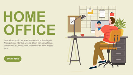 Wall Mural - Home office concept. Freelancer man working on computer at his house. Online study, education, remote work, freelancing, teaching, e-learning and video conferencing. Person sitting on chair at desk