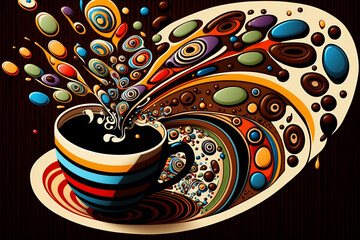 cup of coffee, colorful splash coming out of the cup merging together