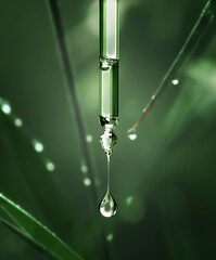 cosmetic pipette with drop close-up on a natural blurred background