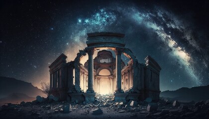 Famous building that collapsed and was in surrel ruins, the end of the world, dramatic galaxy overhead