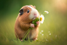 Cute Guinea Pig On Green Meadow With Daisies In Paws