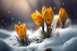 Early spring: beautiful yellow crocus flowers growing through the snow. AI