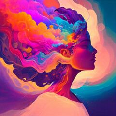 Woman Profile Silhouette Euphoria Concept Abstract Dreamy Aura Psychedelic Spirituality in Red Orange Purple Pink Blue Generative AI Tools Technology illustration