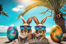 Easter Bunnies And Colorful Easter Eggs On A Sand Beach. Easter Vacation. Generative AI