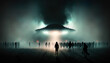 Hundreds of people walking towards a large UFO in the mist.  Generative Ai.