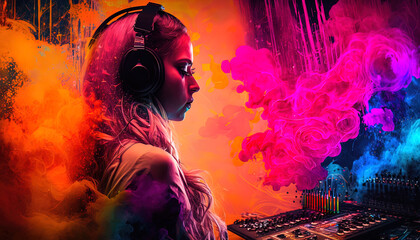 Female DJ and music producer wearing headphone in a surreal colourful recording studio. Generative Ai.