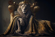 King of beasts lion in royal robe and crown on a royal throne. AI generative illustration