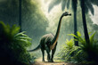 Brontosaurus walking in a tropical forest created with Generative AI technology.