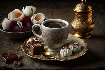 Poster - Turkish coffee served in a vintage porcelain mug. presentation of coffee with Turkish sweets. Turkish Coffee with Champagne. Generative AI