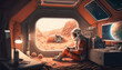Astronaut in costume sitting in room at colony on Mars, future life on red planet concept, Generative AI