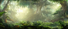 Tropical Vintage Botanical Landscape Illustration, Palm Tree, Vegetable Flower Border Background. Exotic Green Jungle