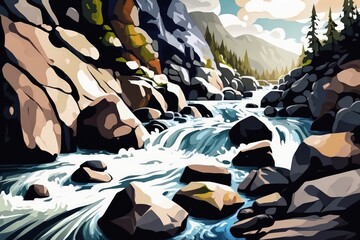 Wall Mural - View of a river torrent with a close up abstract texture above it, together with clear, cold water rushing through rocky rocks in the valley on a sunny day. Background of natural power and force