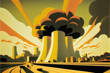 Wall Mural - Nuclear power plant smoke clouds working in the evening. Cartoon illustration. Generative AI