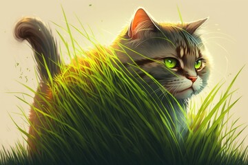 Canvas Print - A cat consumes some grass. Cats benefit from sprouted oats and lush, luscious grass. Generative AI