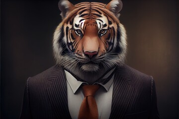 Wall Mural - portrait of a tiger in a business suit looking into the camera. generative ai