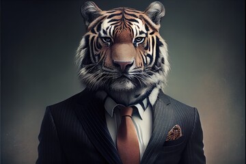 Wall Mural - portrait of a tiger in a business suit looking into the camera. generative ai