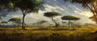 Leinwandbild Motiv Print Wild savanna landscape. Savannah, African wild nature with acacia trees, grass, sand and water. Africa landscape