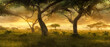 Print Wild savanna landscape. Savannah, African wild nature with acacia trees, grass, sand and water. Africa landscape
