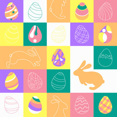 Wall Mural - Geometric seamless pattern with Easter eggs and bunnies. Colorful eggs and linear, line doodle rabbits in pink, orange and white squares Vector illustration