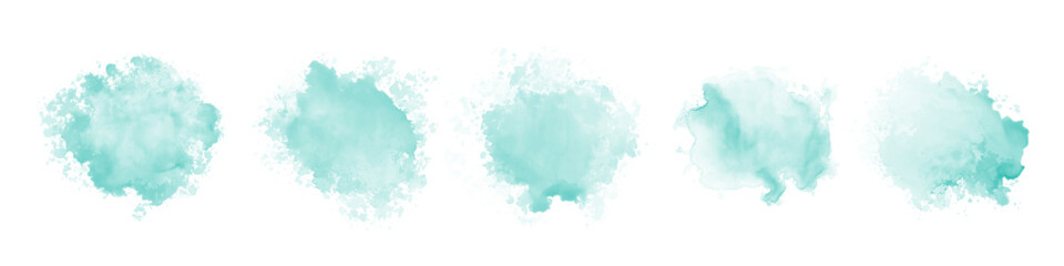 Set of abstract mint green watercolor water splash on a white background. Vector watercolour texture in mint color. Ink paint brush stain. Green splatter spot. Watercolor pastel splash