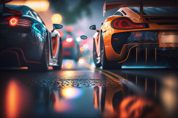 Wall Mural - Exotic fast racing cars driving in the city with neon lights. Generative AI