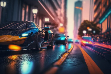 Wall Mural - Exotic fast racing cars driving in the city with neon lights. Generative AI