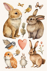 Wall Mural - Set of animals  illustrations in Water color, rabbits, hearts and flowers, love card for valentine ,Generative AI