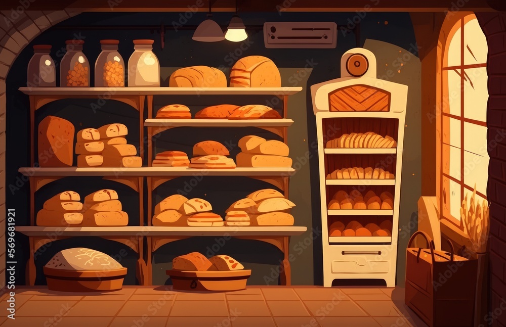 In a baker's shop in Germany, there are loaves of bread on wooden ...