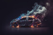 © J S - Fire of new modern hatchback car burning in flames on dark background due to electric failure, left side view, copy space, generative AI