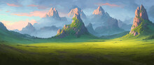 Panoramic View Of Big Mountains, Beautiful Green Meadows. Flat Cartoon Landscape With Nature. Summer Or Spring Landscape. Travel Posters. Natural Park Or Forest Outdoor Background With Mountains.