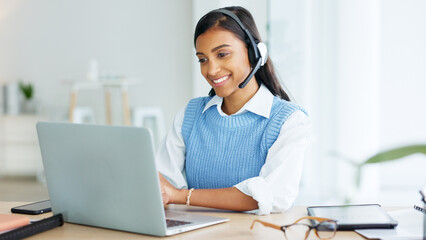 Aufkleber - Call center agent talking to clients while wearing a headset and answering their questions while typing on a laptop online. Helpline worker giving advice to people and helping them with problems