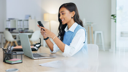 Poster - Young businesswoman talking on her phone to a client in an office. Trendy marketing professional on scheduled time, using the online app for networking. Entrepreneur staying connected in a workplace