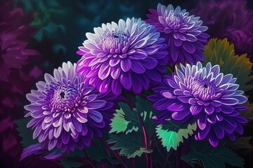 Sticker - In bloom are violet chrysanthemum blooms in a garden. Artwork of beautiful autumn blossoms. bold, bright colors. Natural setting Fall, autumnal backdrop. Generative AI