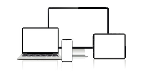 Realistic set computer, laptop, tablet and smartphone. Device screen mockup collection.