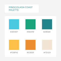 Poster - Pinocolada coast palette. Trendy colors palette. Cozy color pallete. Swatch summer candy shade tone with hex code pastel colors. Super trendy color spring and summer blue yellow	