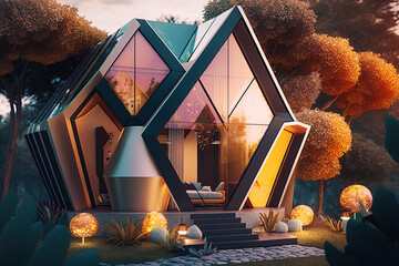 Playful surreal architecture. Super modern extravagant house. generative ai. Surreal modern villa. Futuristic luxury geometric architecture