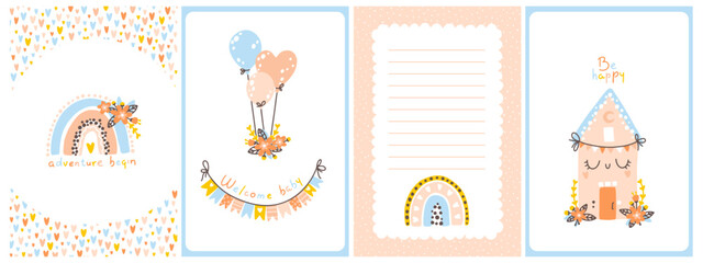 Wall Mural - Baby shower boho template set. Vertical cards with rainbows, flowers, inscriptions. Cute hand drawn illustrations in a simple cartoon doodle style in a limited edition gender neutral palette.