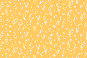 Wall Mural - yellow spring, Easter seamless pattern with daffodils, snowdrops, tulips - vector illustration