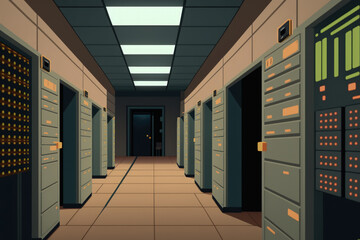 Poster - server room hallway with a line of servers in it. generative ai