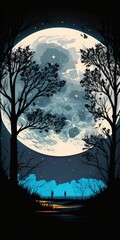 Poster - Nighttime full moon rising above the horizon with outlines of trees. The moon's features are discernible. Generative AI