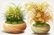 Japanese Hakone grass with aureola golden variegation in garden pots. Generative AI